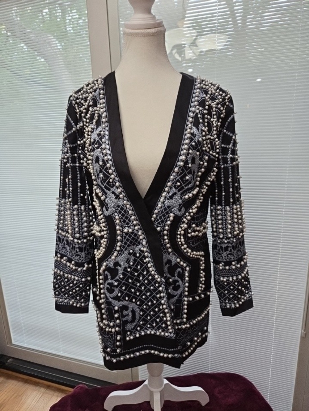 Pearl Embellished Black & Blue Beaded Deep V Jacket Size L